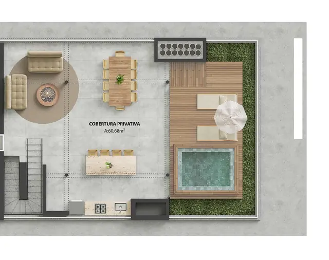 Planta: Terraço da cobertura, pavimento superior, 60,68 m²