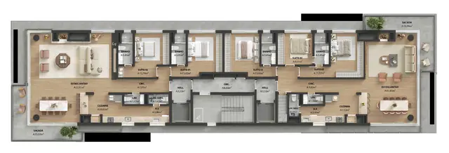 Planta: Coberturas 1601 e 1602, pavimento inferior, 153 m² e 254 m²