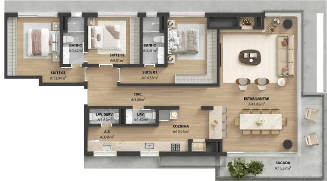 Planta: Apartamento tipo, final 02, 153 m²