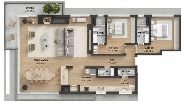 Planta do apartamento tipo de 156 m²